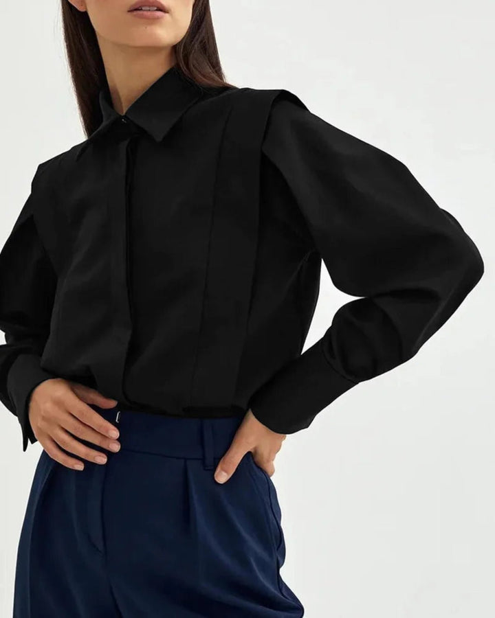 Full view: Women's elegant long-sleeve button-down square collar blouse. A versatile fashion top for office and casual style.