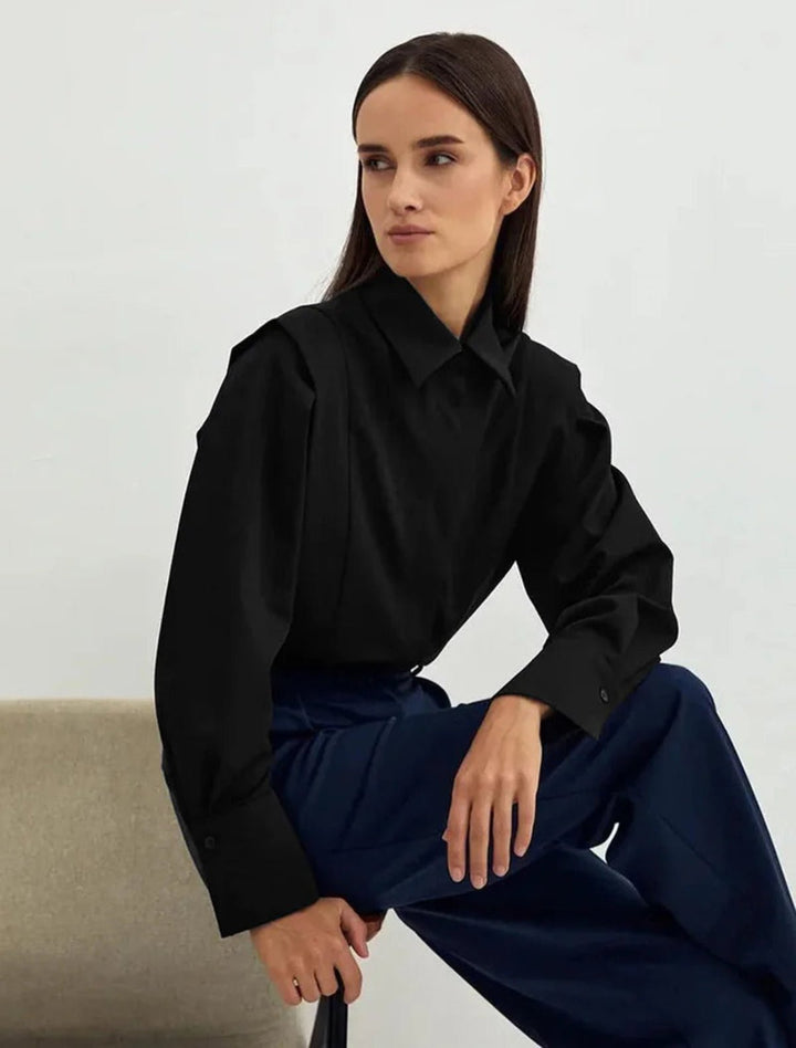 Women's fashion button-down blouse: elegant long-sleeve square collar top, perfect for office, casual, and versatile styling.