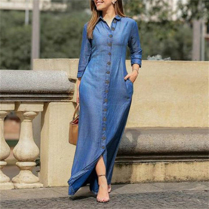 Elegant women's long sleeve denim maxi dress, perfect for versatile all-season casual or dressed-up style.