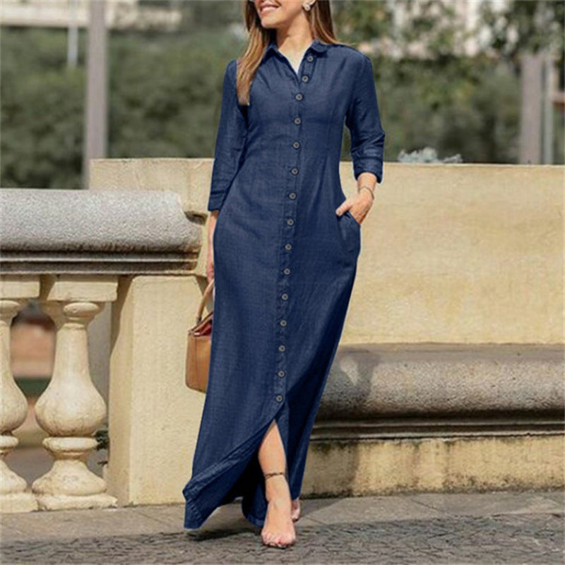 Comfortable women's long sleeve denim maxi dress with a floor-length design, ideal for effortless everyday wear.