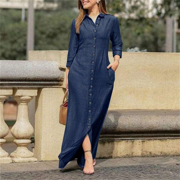 Comfortable women's long sleeve denim maxi dress with a floor-length design, ideal for effortless everyday wear.