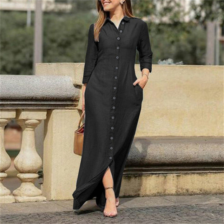 Stylish women's long sleeve denim maxi dress, a versatile piece for elegant casual fashion and all-season comfort.
