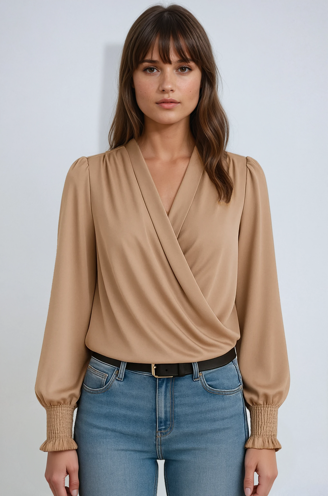 Elegant women's long-sleeve wrap blouse in a flowing fabric, perfect for chic workwear or versatile casual style.