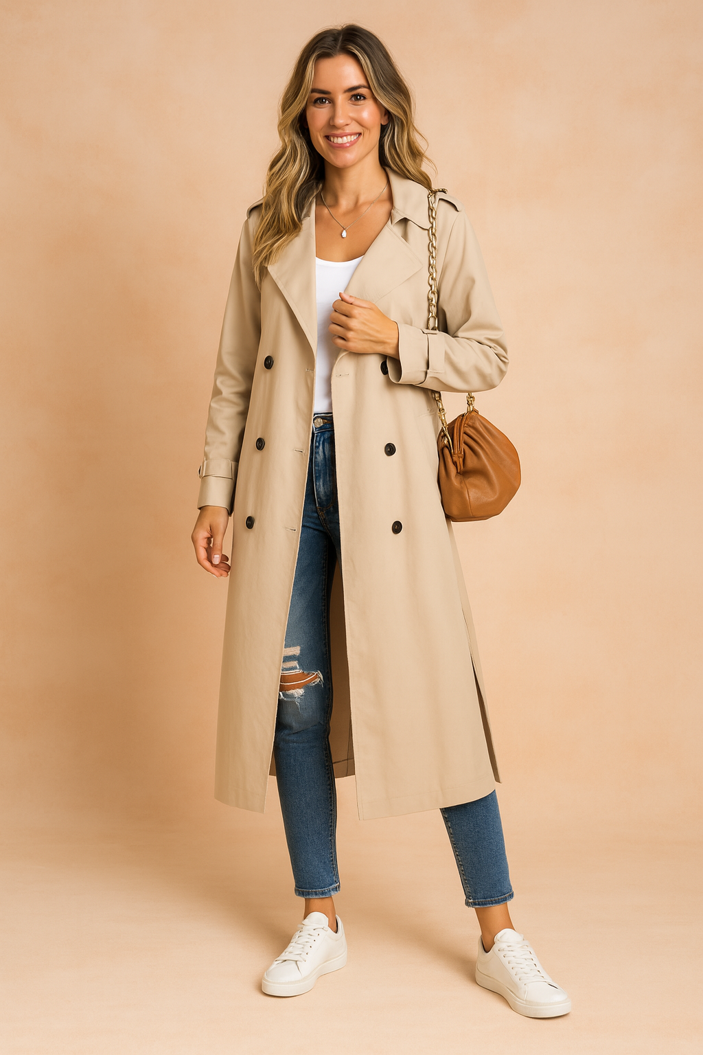 Elegant women's long trench coat, double-breasted, perfect for urban chic outerwear. Classic fashion winter jacket.