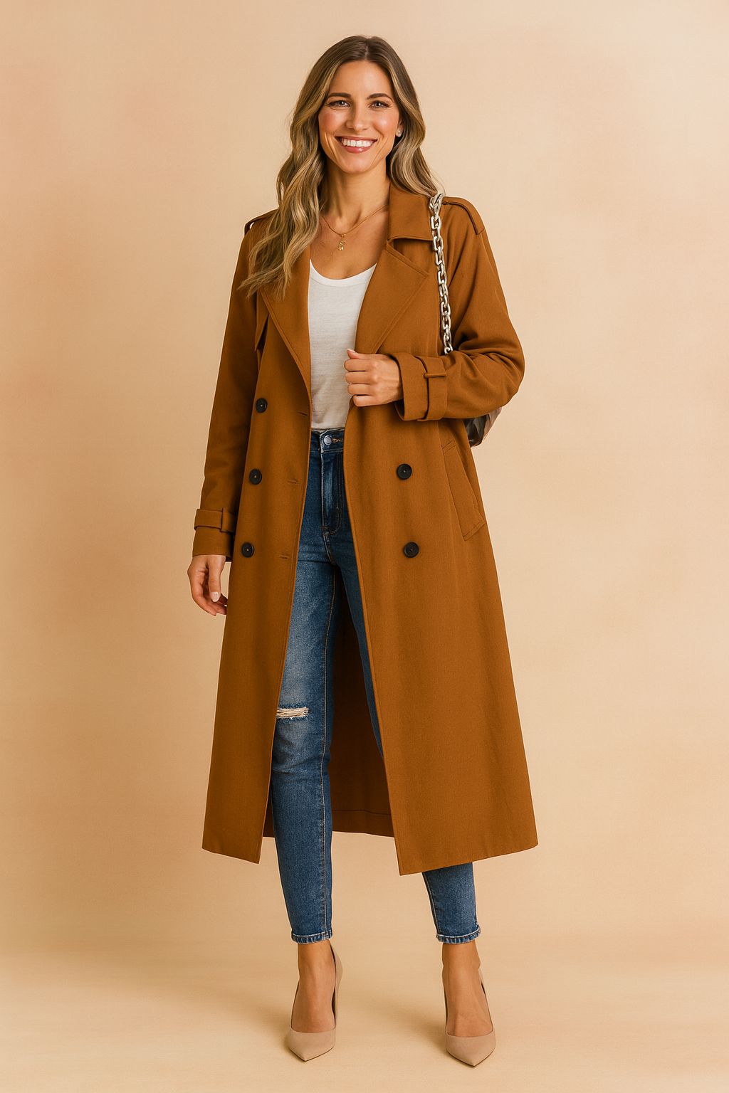 Versatile women's long trench coat, timeless urban style. Chic outerwear for elegant classic fashion looks.