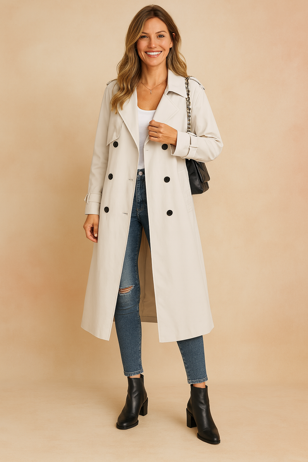 Fashionable women's long trench coat. Double-breasted outerwear offers urban style and warmth for winter jackets.