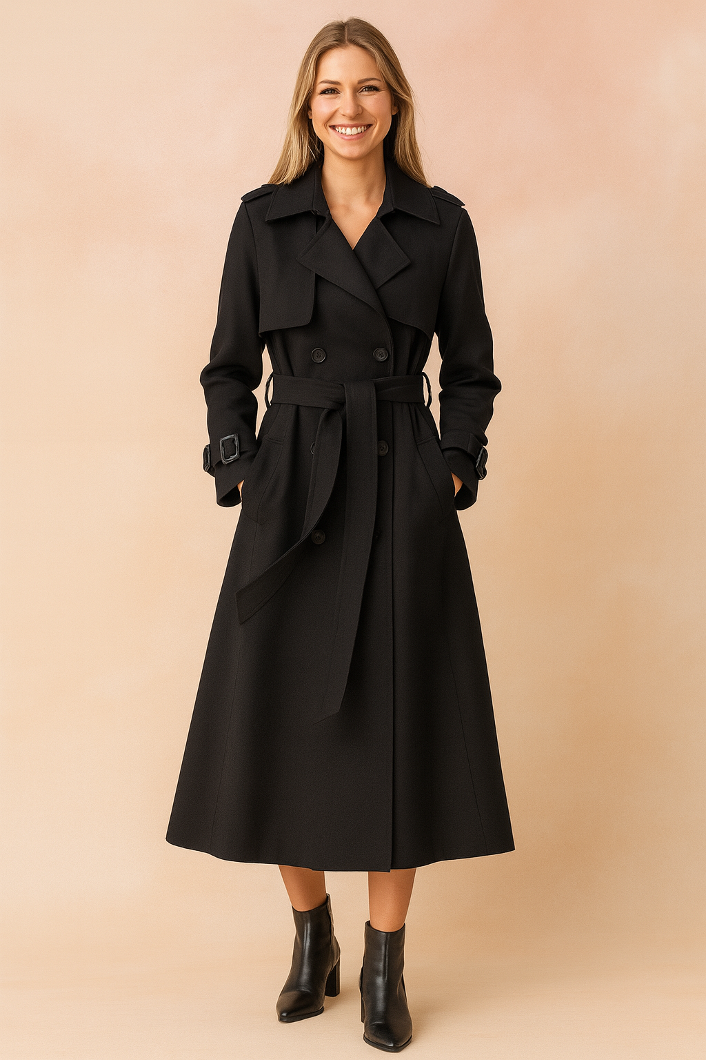 Elegant women's long trench coat with belted waist, perfect for sophisticated fall & spring outerwear.