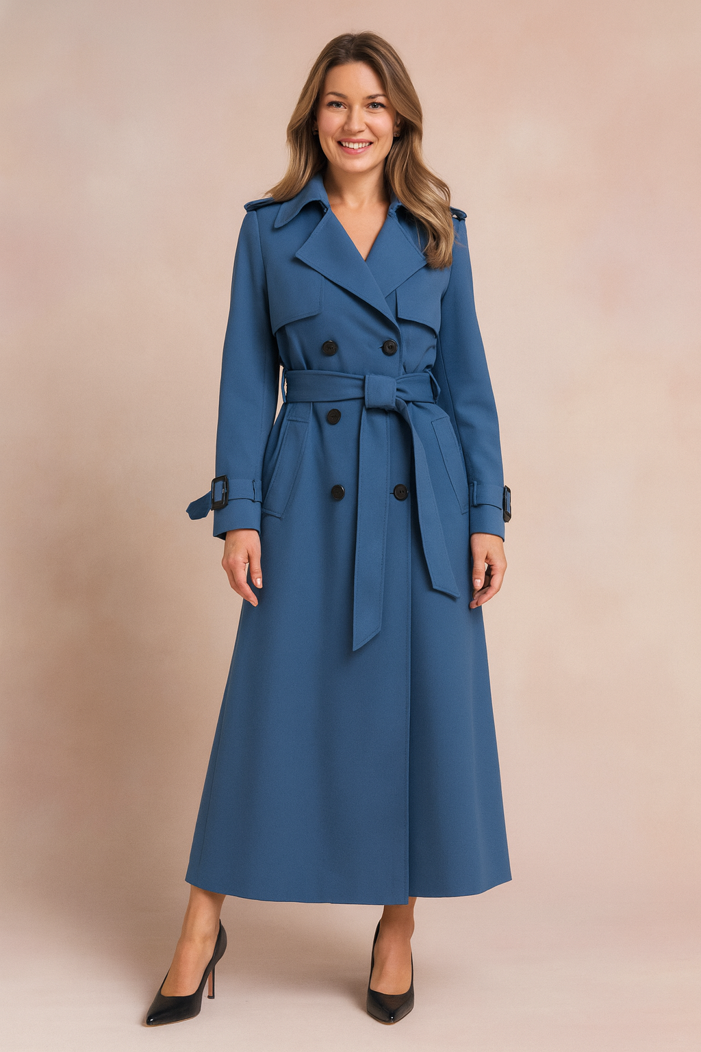 Classic belted long trench coat for women, chic and fashionable, ideal for elegant fall fashion.