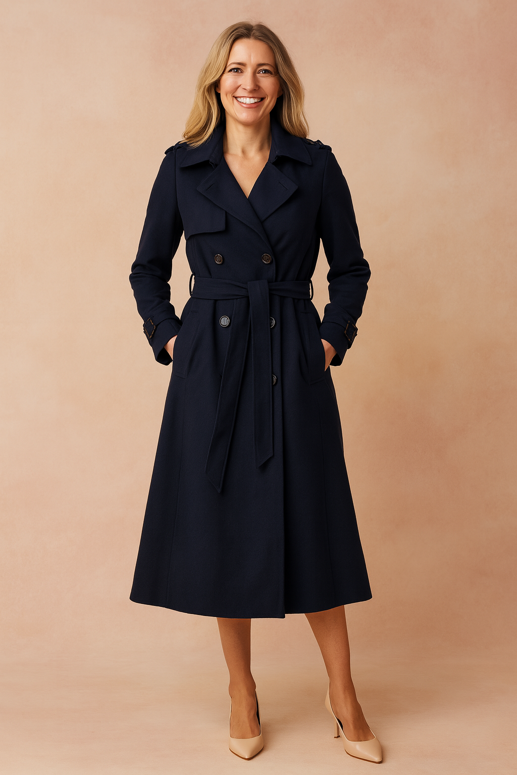 Stylish women's long trench coat, features a flattering belted waist for a sophisticated silhouette.