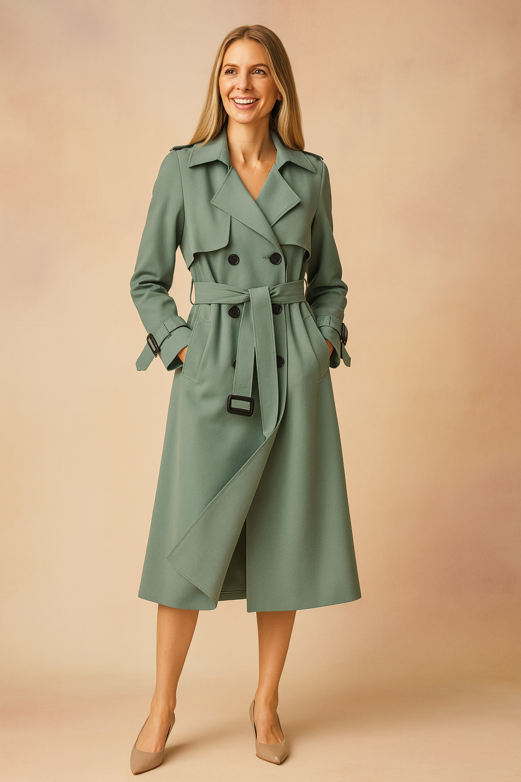 Fashionable long trench coat for women, a versatile statement coat for elegant spring and fall outfits.