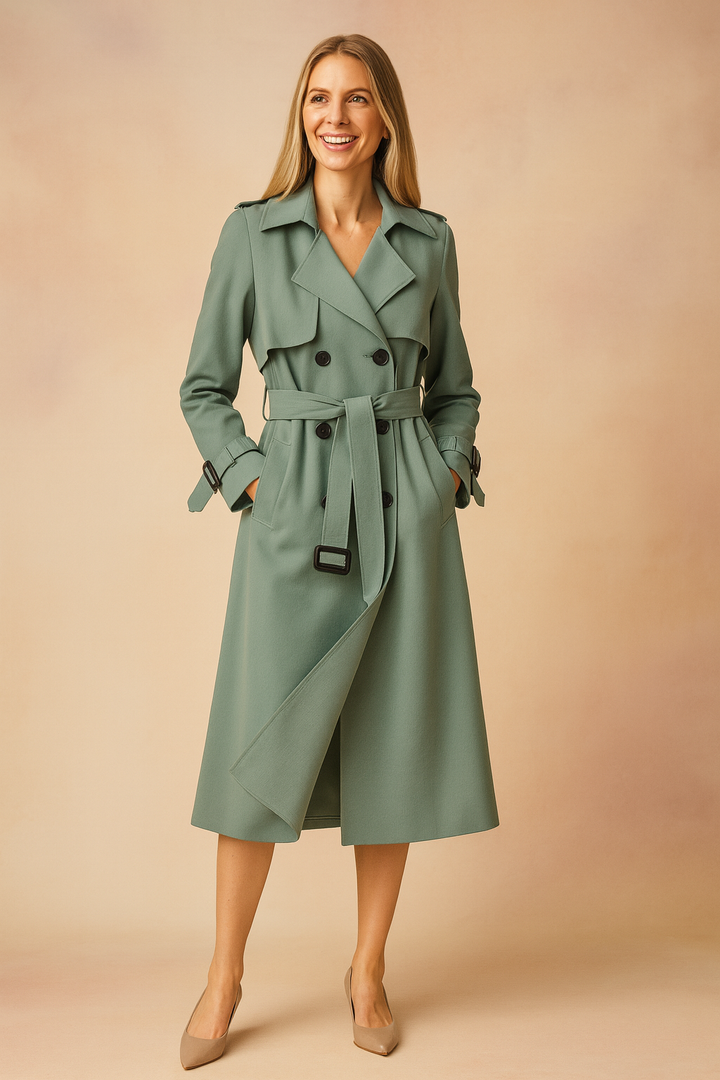 Fashionable long trench coat for women, a versatile statement coat for elegant spring and fall outfits.