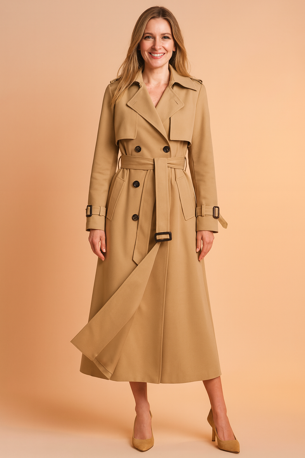 Close-up of the elegant women's long trench coat, highlighting the classic lapels & belted waist detail.