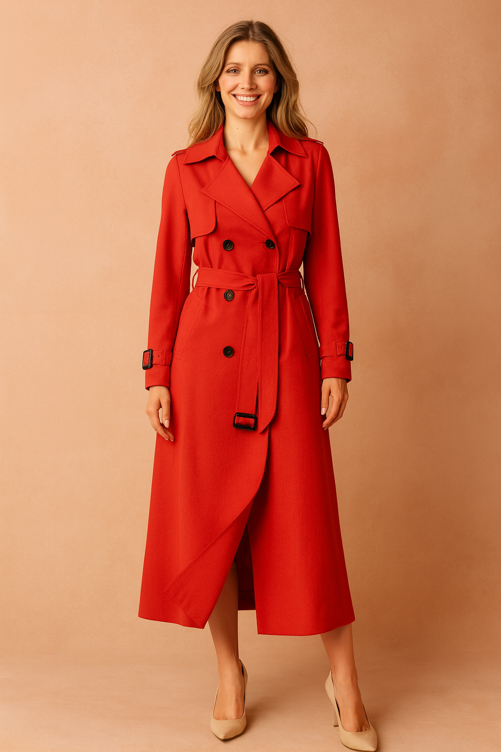 Sophisticated women's long trench coat, a timeless classic style, perfect as elegant outerwear for any season.