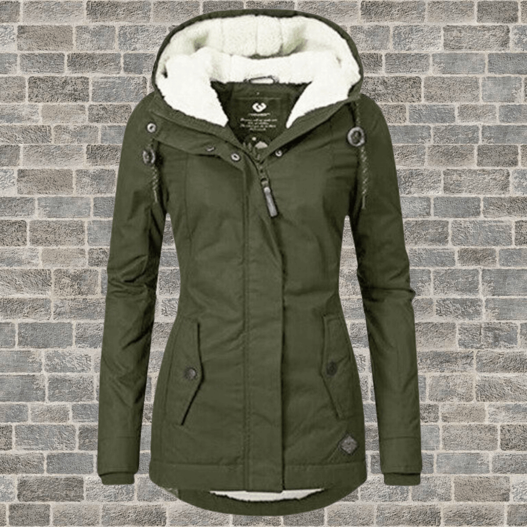 Warm and elegant women's long winter coat, expertly designed with a luxurious fur lining for cold weather.