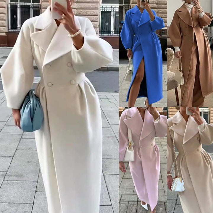 Elegant women's long winter coat with stylish lantern sleeves.