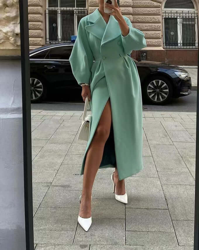 Unique lantern sleeve long coat for women, an elegant winter outerwear choice.