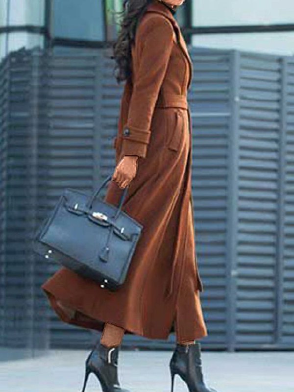 Stylish ladies' long wool coat, belted design with a luxurious shawl collar, essential for winter fashion.