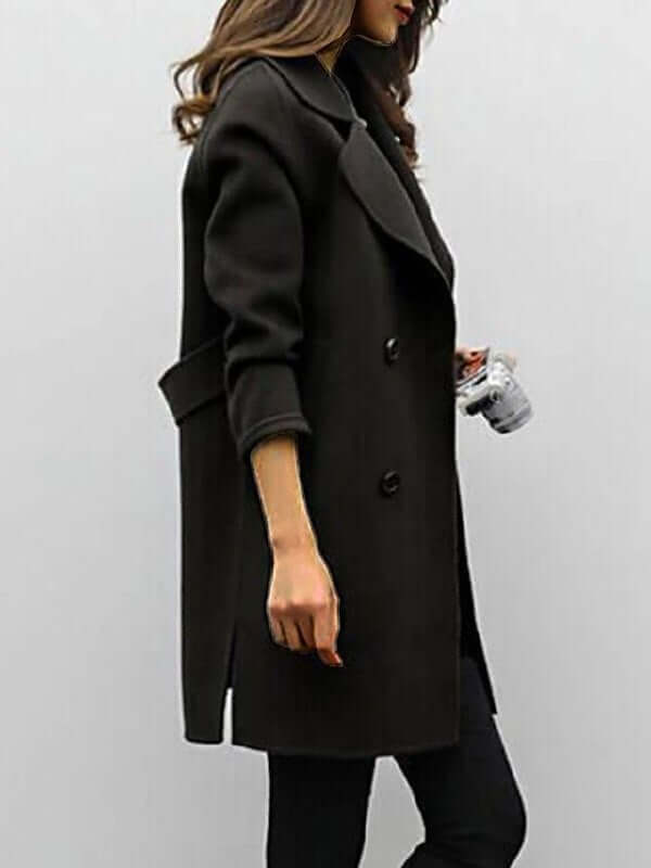 Women's elegant wool winter coat, a classic long warm jacket. Sophisticated ladies outerwear for cold weather.