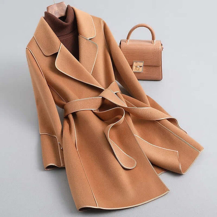 Elegant women's long wool winter coat in classic style, perfect for warmth & fashion in cold weather.