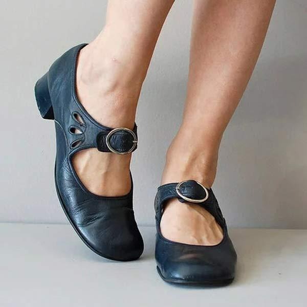 Elegant women's low heel slip-on shoes for office & daily comfort. Classic rounded toe design.