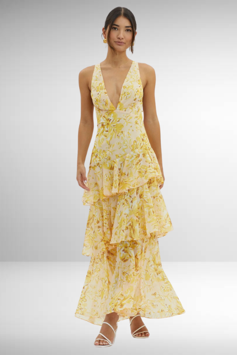 Women's graceful summer maxi dress, v-neck & tiered for effortless elegance. Comfortable flowing design for any event.