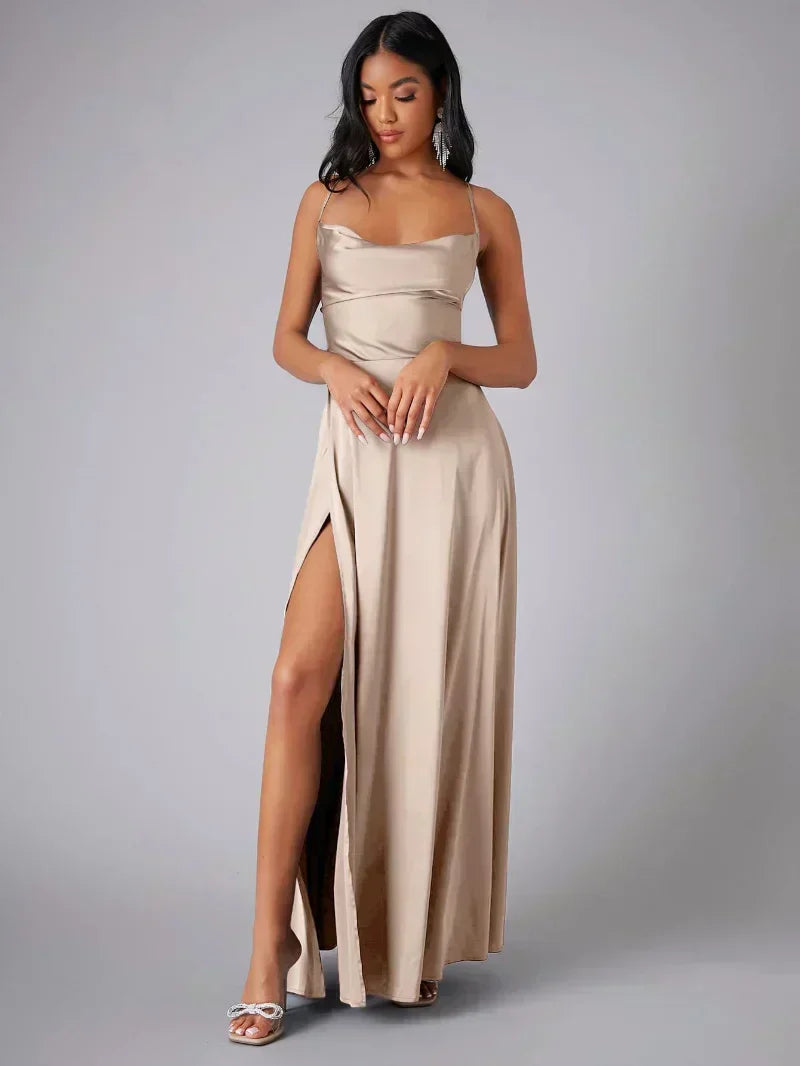 Beautiful women's summer maxi dress with adjustable straps, high slit, & stylish open back. Ideal for events.