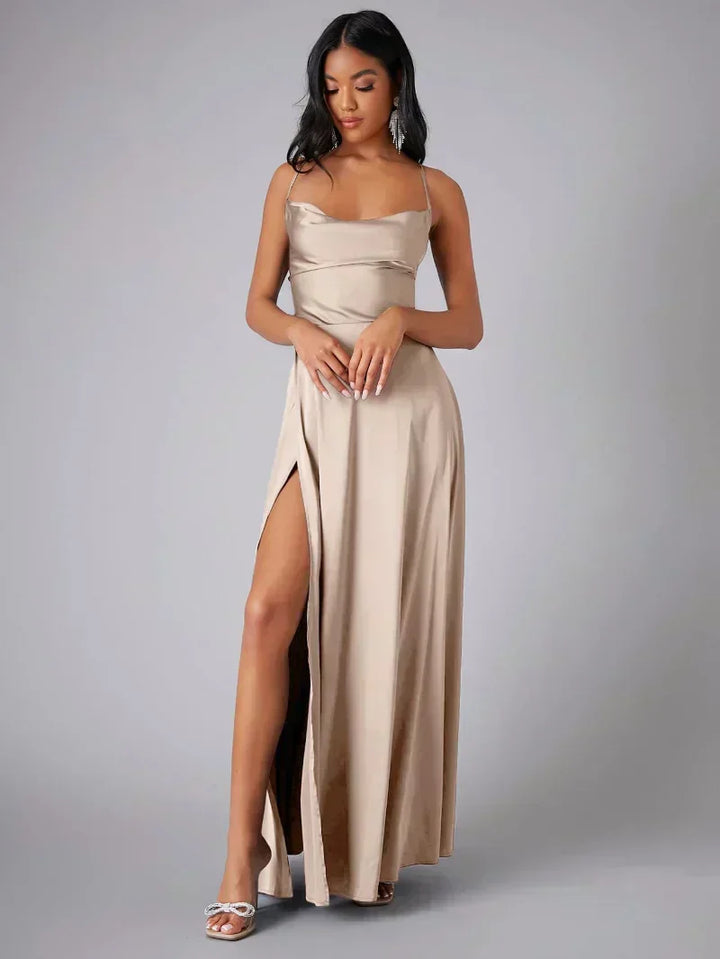 Beautiful women's summer maxi dress with adjustable straps, high slit, & stylish open back. Ideal for events.