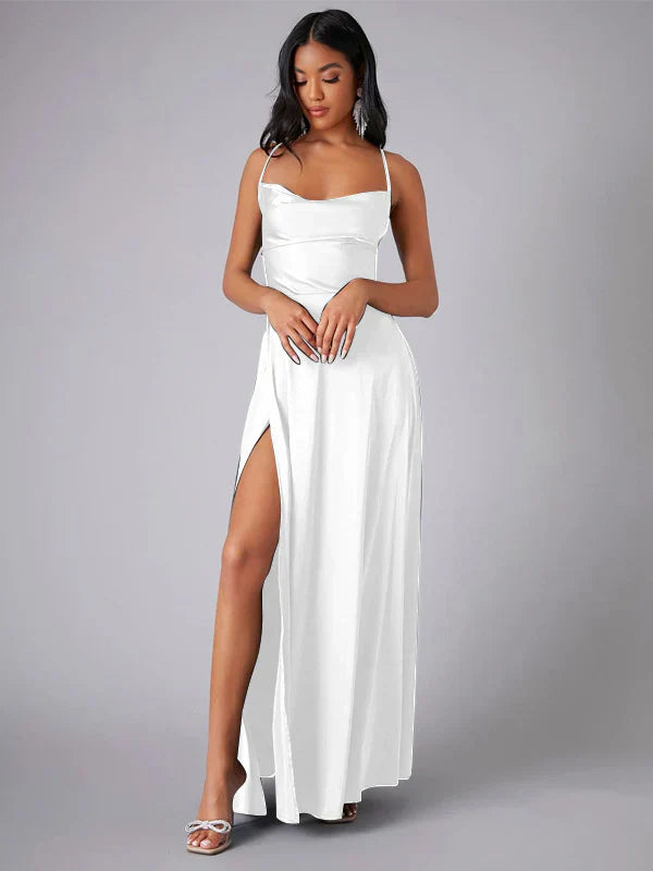 Sophisticated women's elegant gown with a modern high slit and alluring open back. Perfect for formal events.