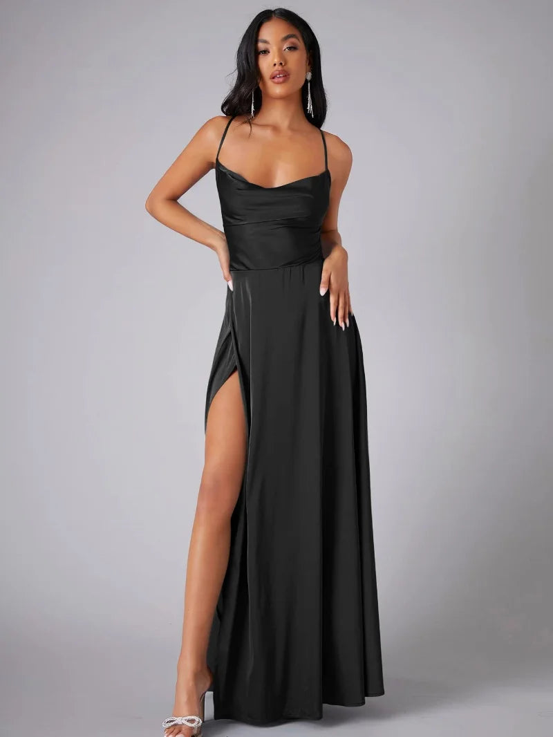 Gorgeous women's special occasion dress: an elegant maxi with a high slit & alluring open back detail.