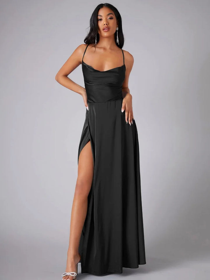 Gorgeous women's special occasion dress: an elegant maxi with a high slit & alluring open back detail.