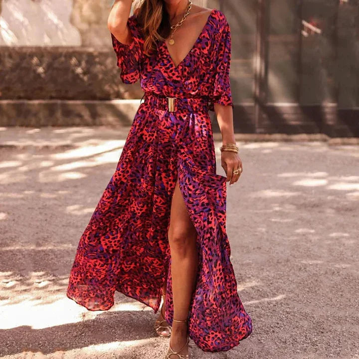 Elegant women's maxi wrap dress, Sophia, with a flattering fit for versatile day to night wear.
