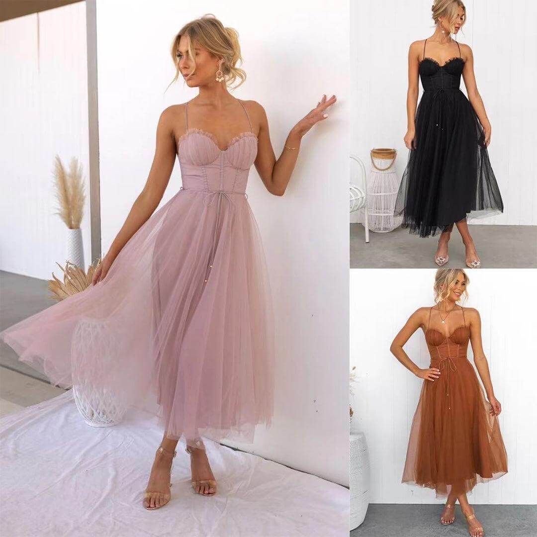 Elegant women's mesh midi dress, perfect for evening, cocktail, or formal party occasions.