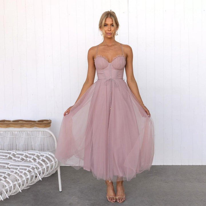 Purple elegant mesh midi dress for women, ideal for evening parties & special occasions.