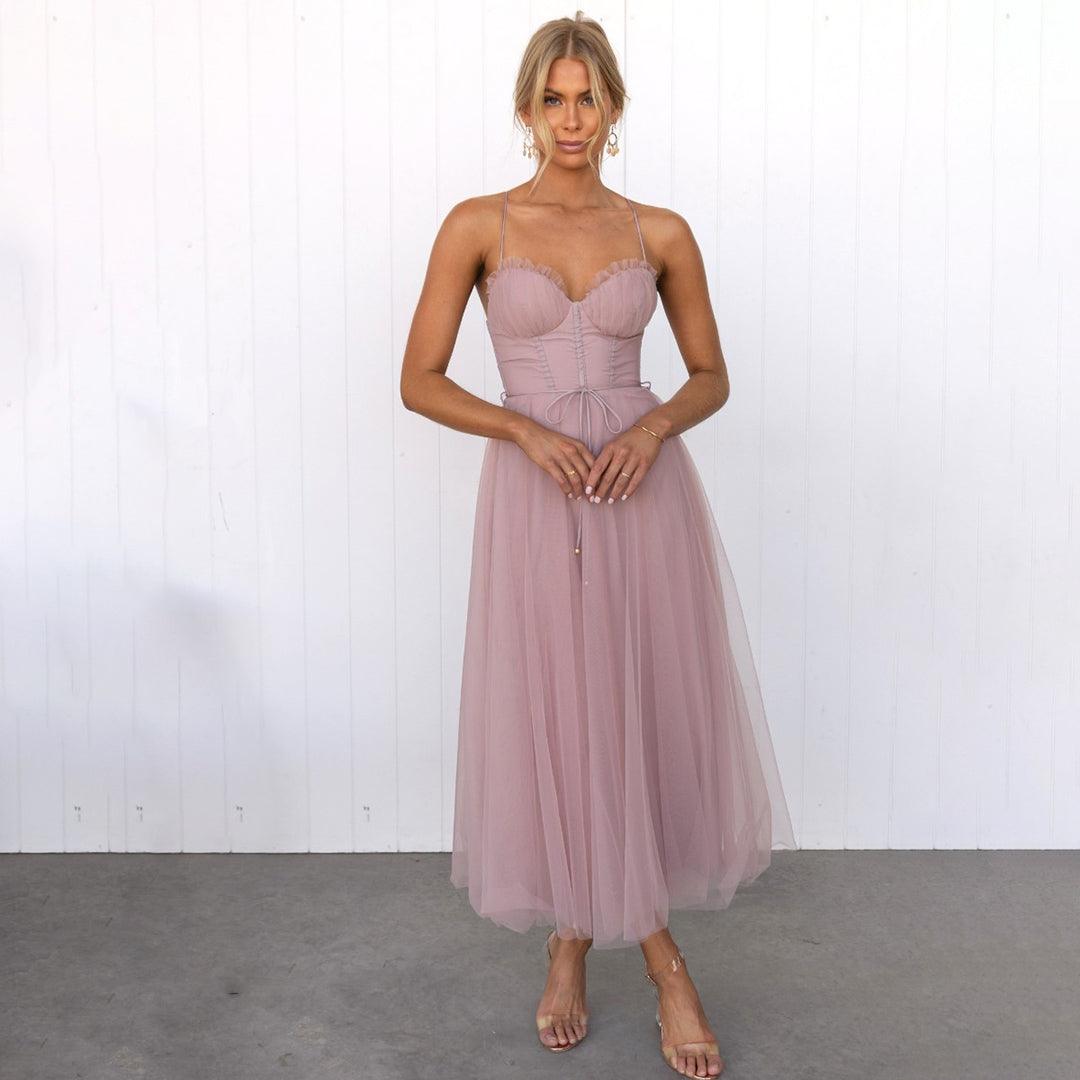 Formal brown mesh midi dress for women, suitable for elegant cocktail & evening parties.