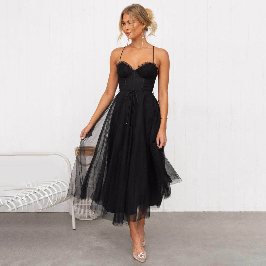 Women's sophisticated mesh midi evening dress, a stylish option for formal events & parties.