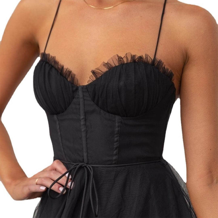 Black elegant mesh midi dress for women, a classic choice for evening and formal wear.