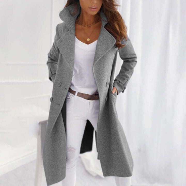 Elegant women's mid-length fleece trench coat, perfect for fall & winter. Features a stylish lapel collar & warm fabric.