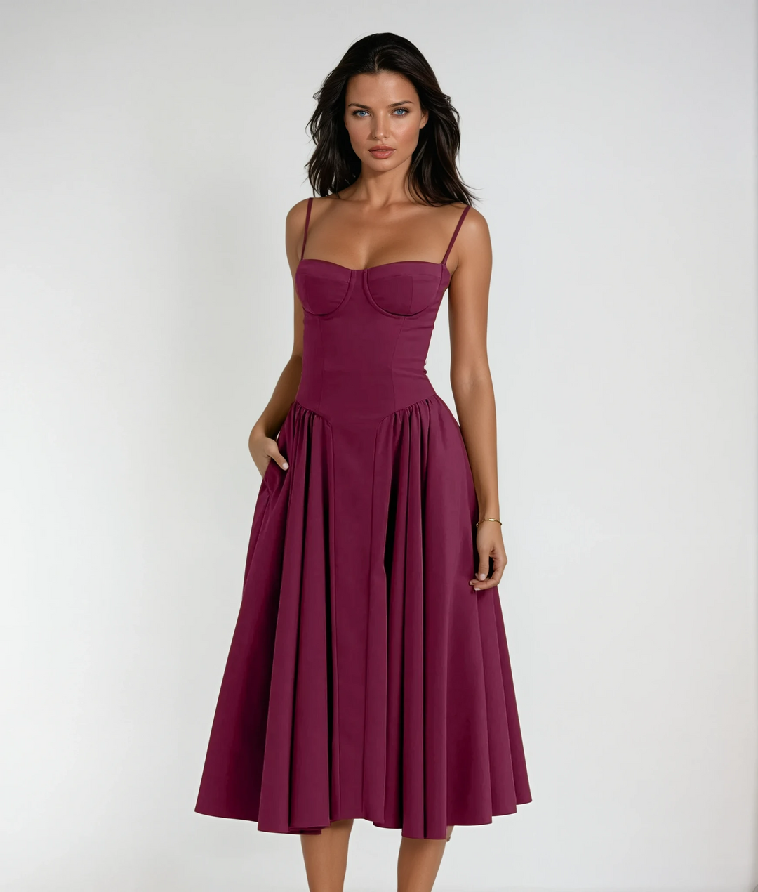 Elegant women's midi cocktail dress with corset, perfect for special occasions & formal parties.