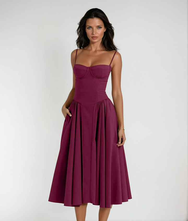 Elegant women's midi cocktail dress with corset, perfect for special occasions & formal parties.