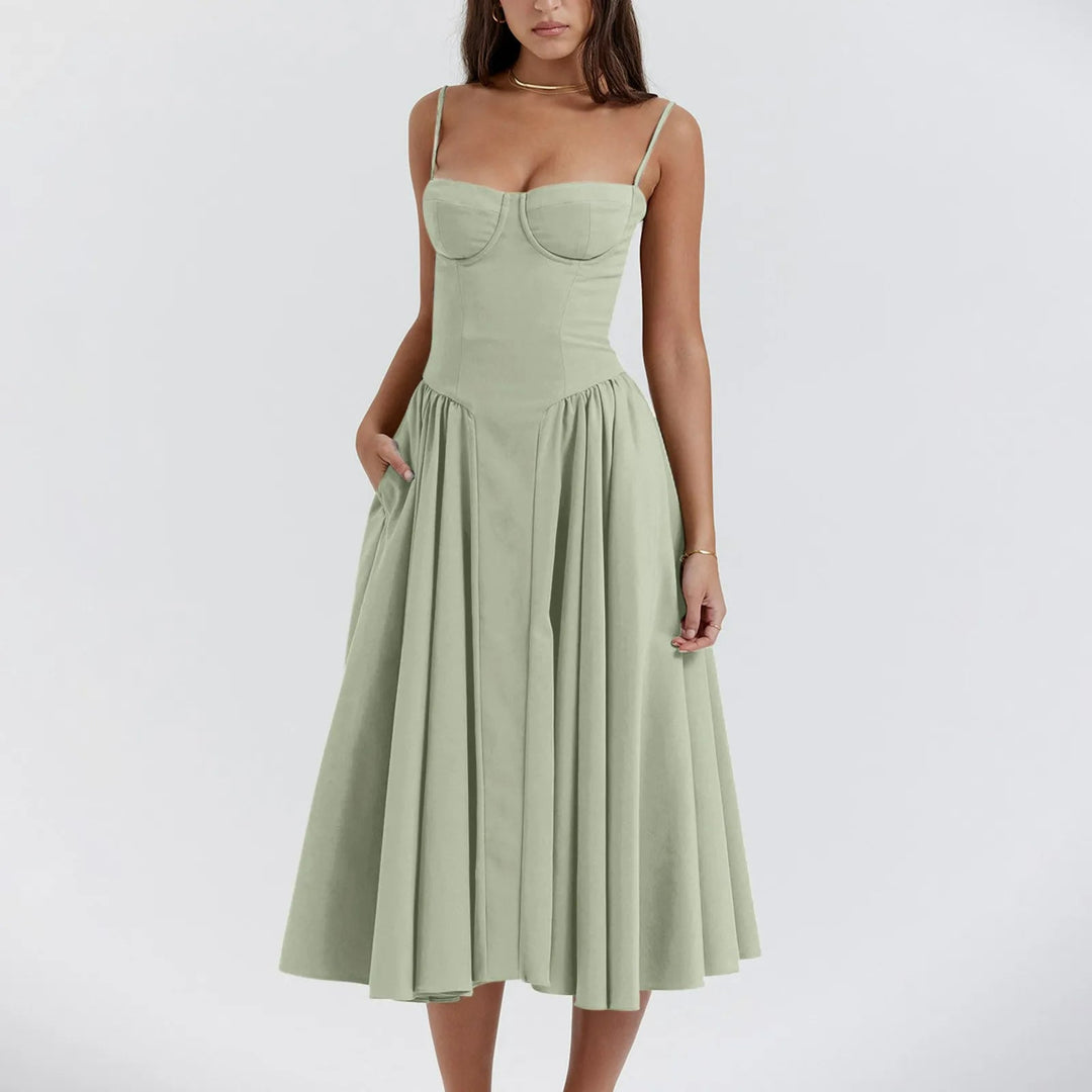 Chic women's midi cocktail dress with elegant corset design, perfect for special occasion and party wear.