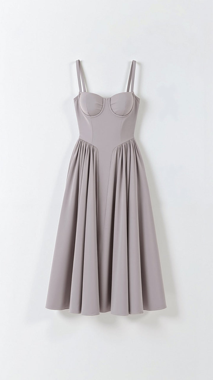 Women's formal midi dress with corset-style top, suitable for evening events & special occasion parties.