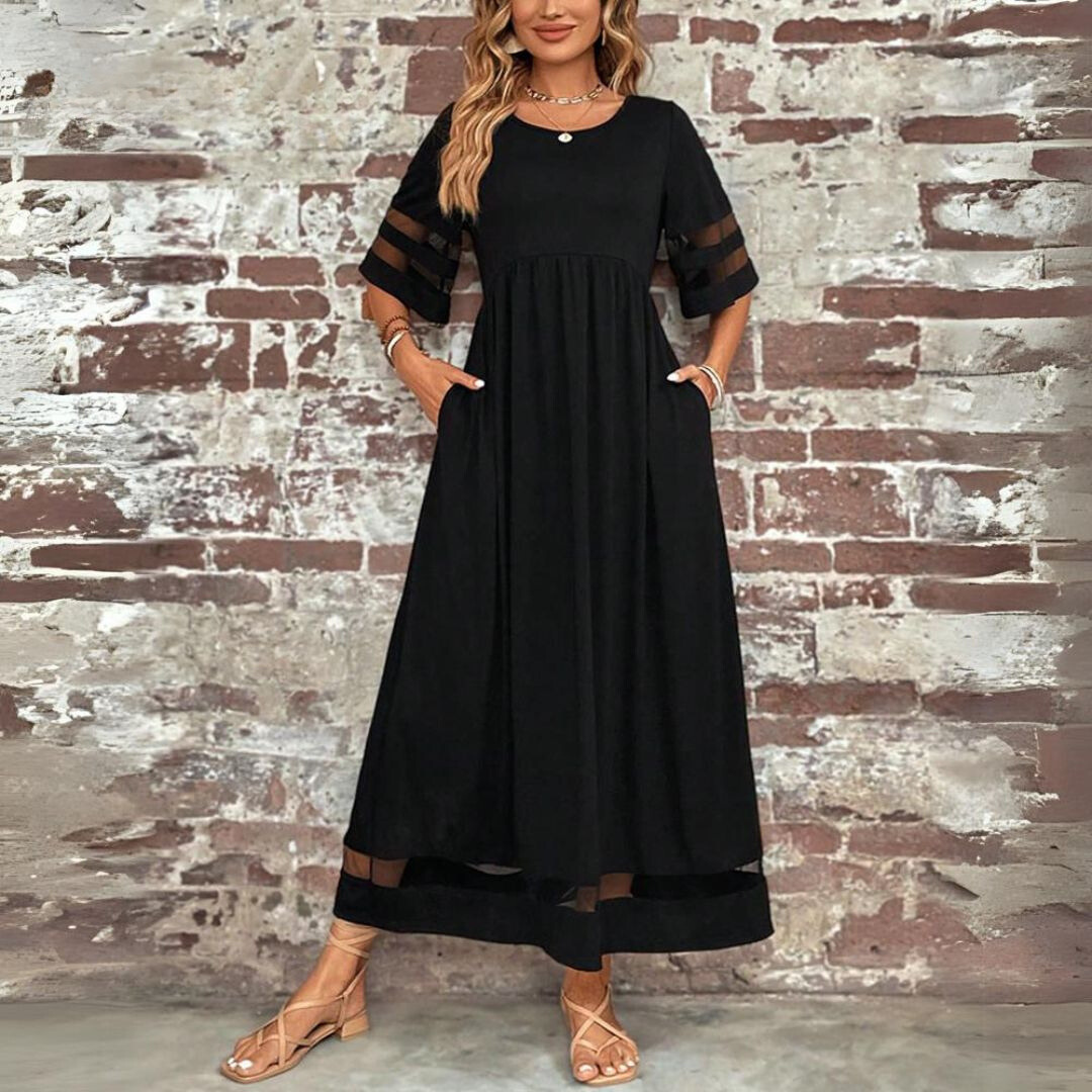 Flattering women's midi dress, elegant design provides comfortable tummy coverage. Ideal for any occasion.