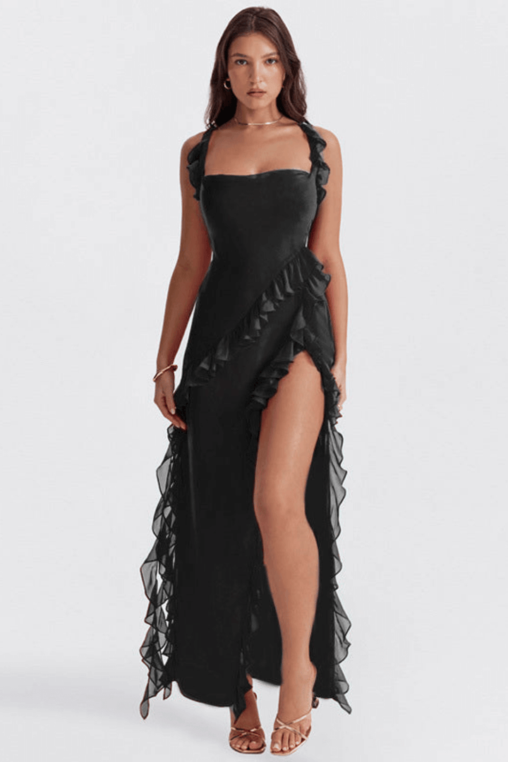 Flowy elegant midi dress for women, capturing its comfortable & chic movement, ideal for party or formal wear.