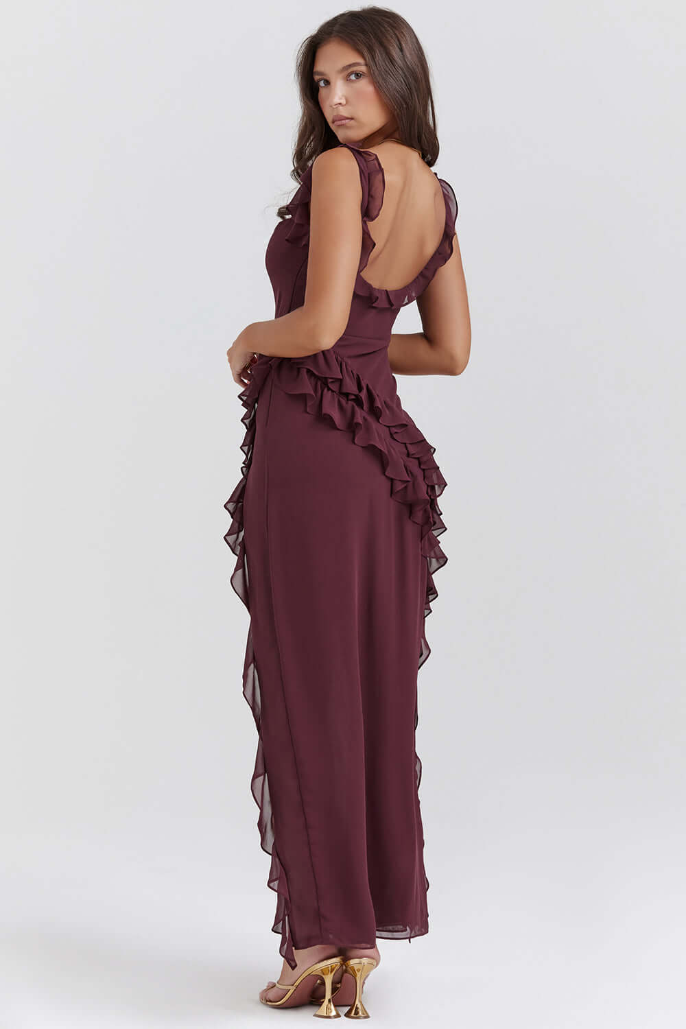 Close-up of the soft, flowy fabric of a women's elegant midi dress, highlighting comfortable & chic style.