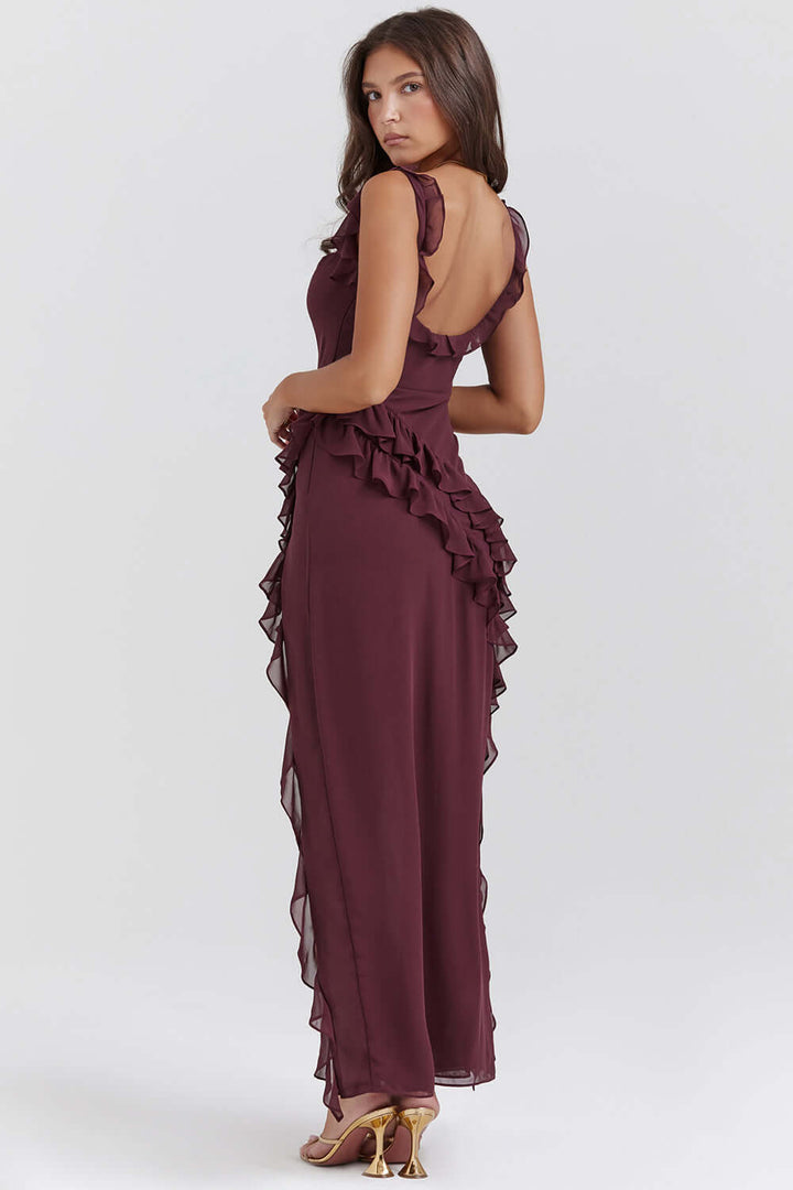 Close-up of the soft, flowy fabric of a women's elegant midi dress, highlighting comfortable & chic style.