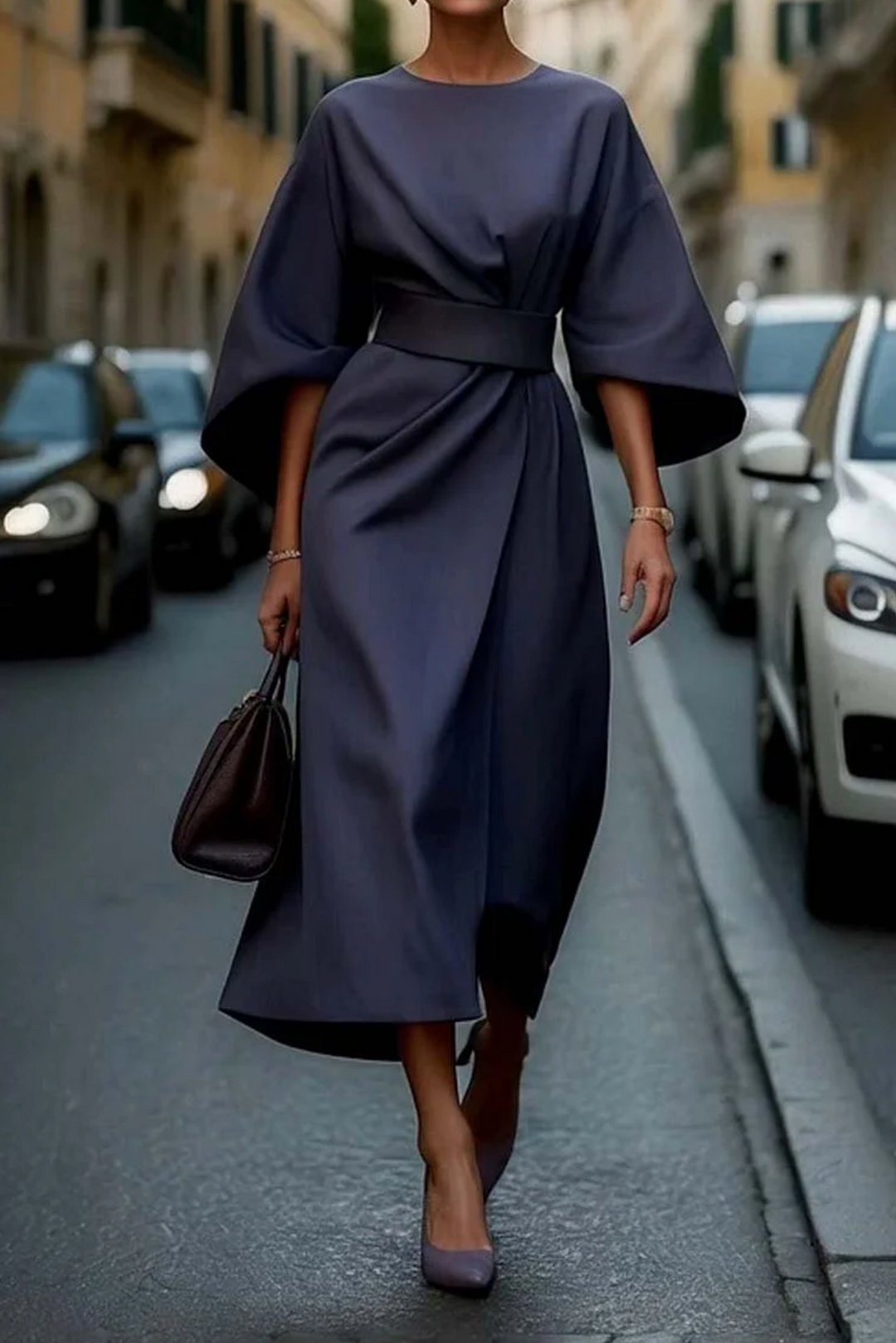 Elegant women's midi dress with flowing sleeves, perfect for a sophisticated look.
