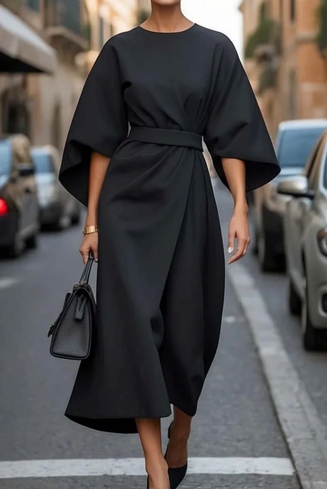 Comfortable elegant midi dress for women, featuring stylish flowing sleeves. Ideal for evening events.