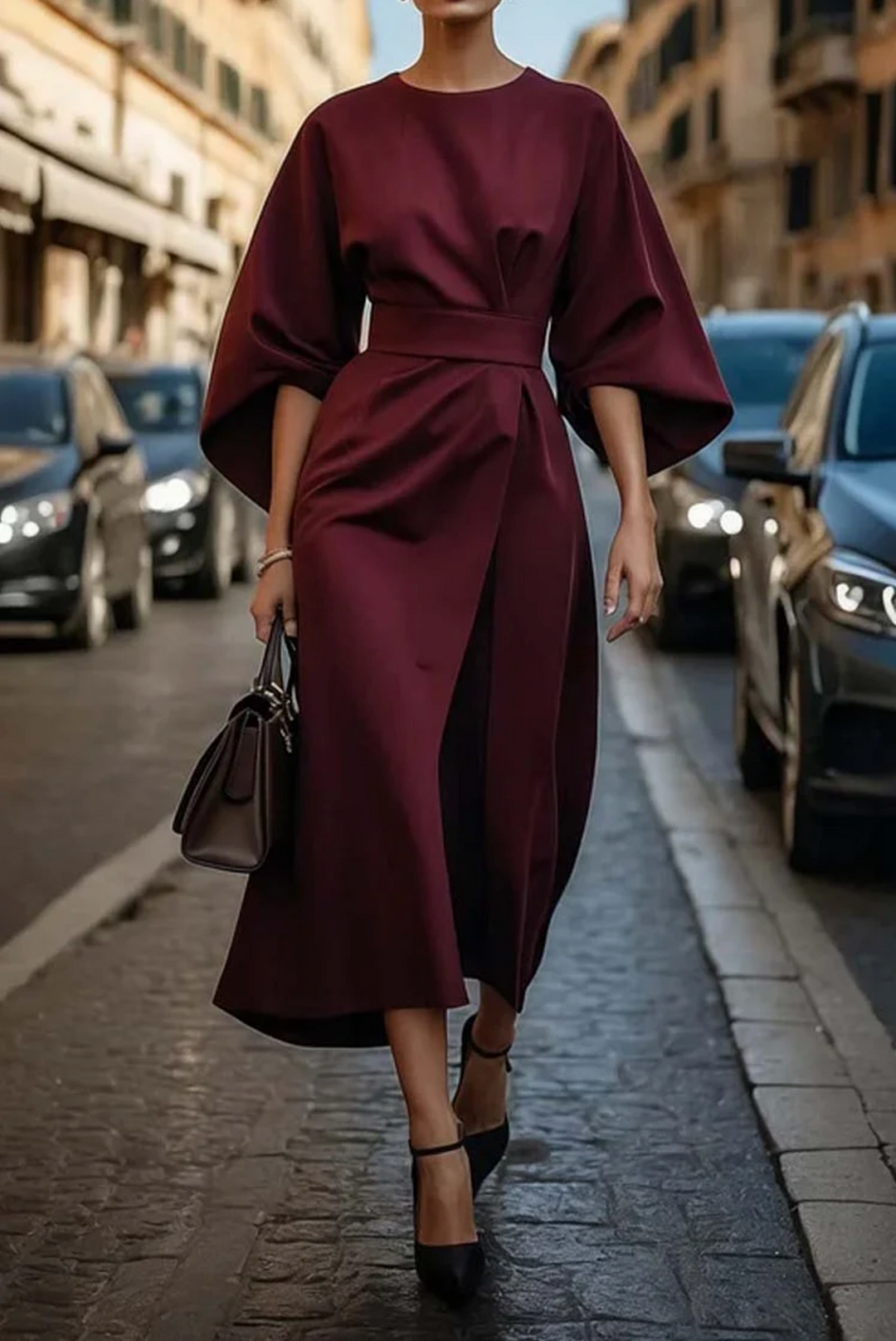 Modest yet stylish women's midi dress with elegant flowing sleeves, perfect for various occasions.