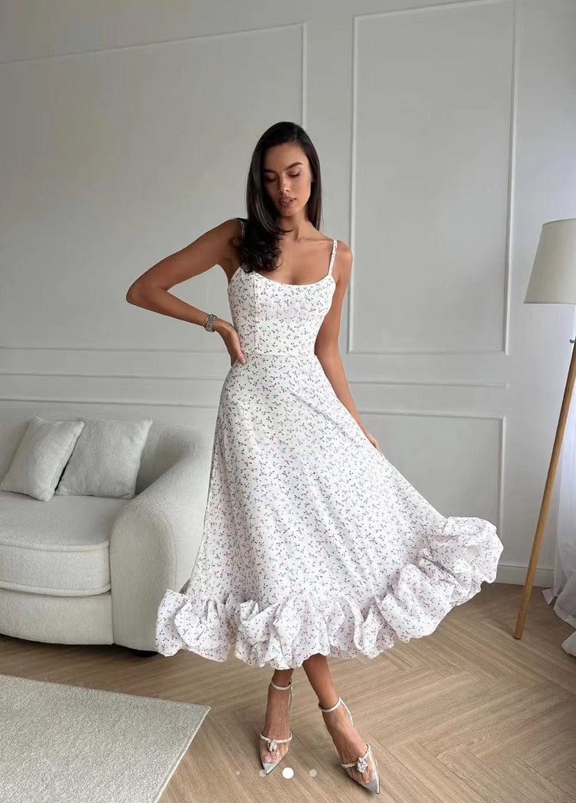 Elegant women's midi dress with intricate 3D floral details, perfect for summer parties & special occasions.