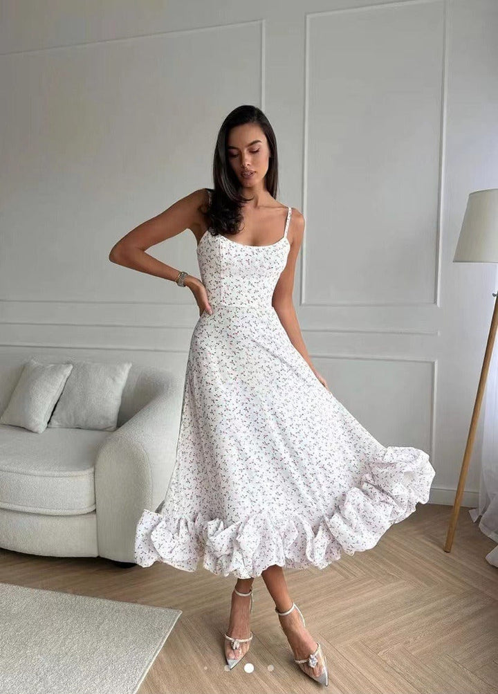 Elegant women's midi dress with intricate 3D floral details, perfect for summer parties & special occasions.